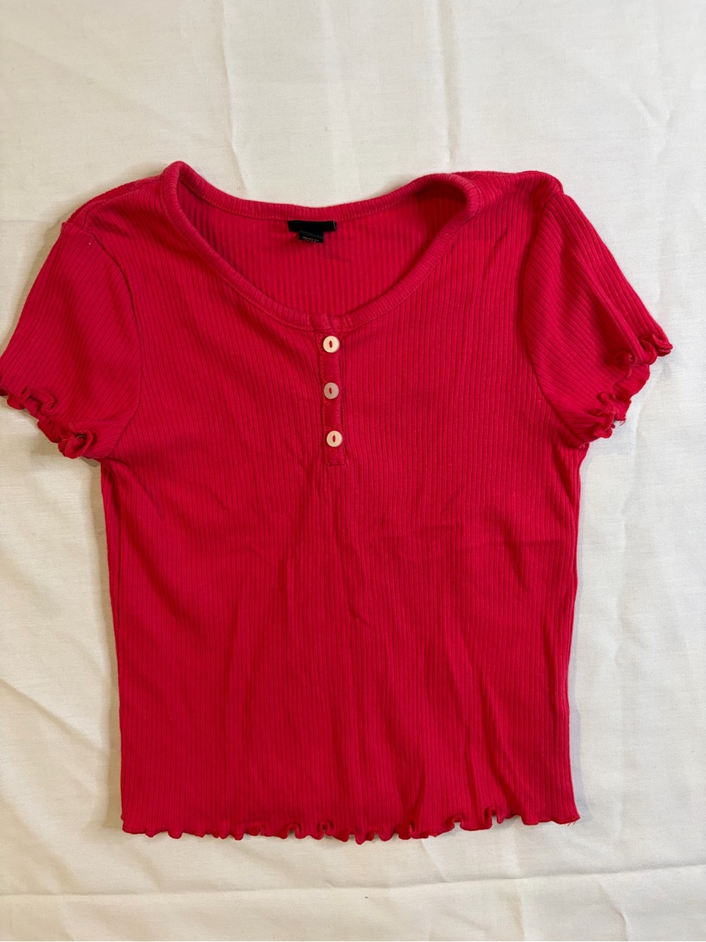 art class Pink Ribbed Henley Crop Top with Lettuce Edges